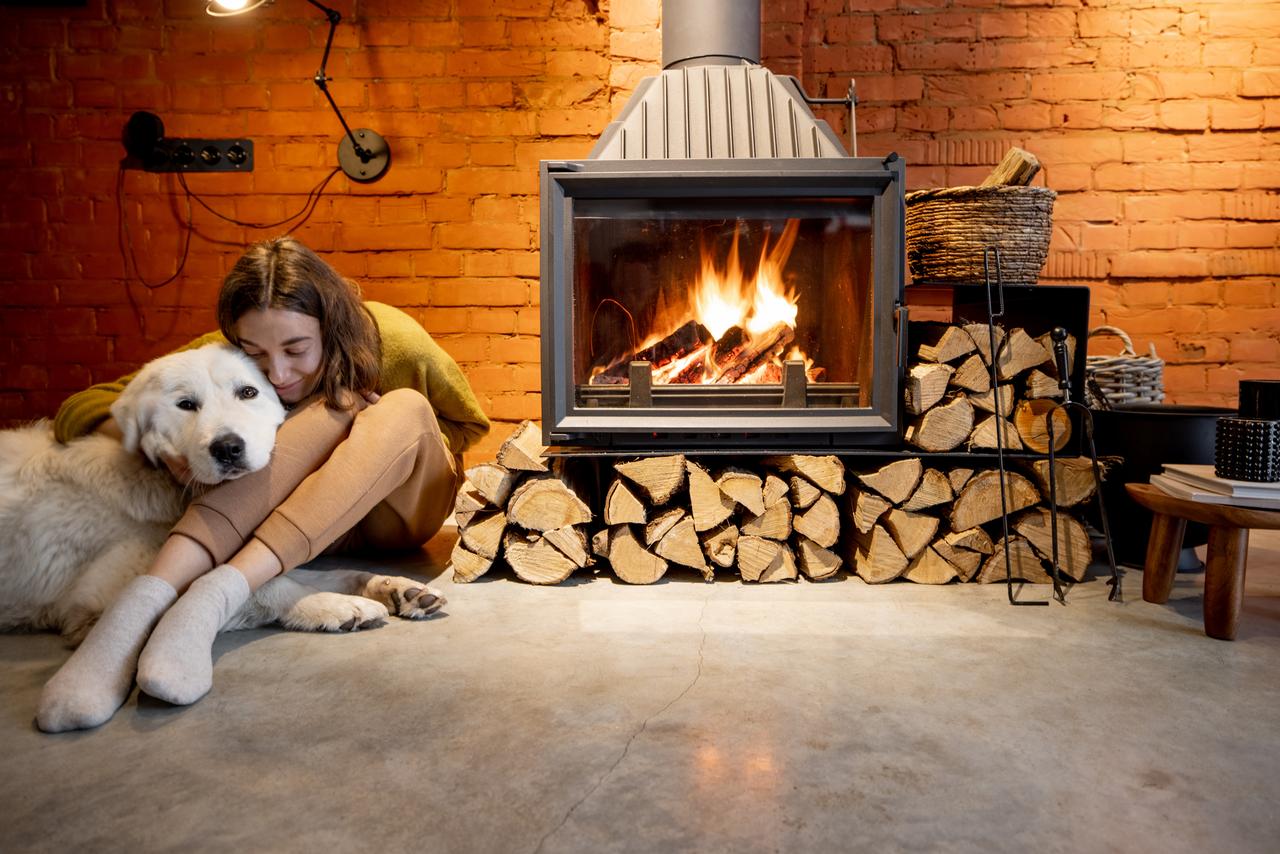 Woman sitting by the fireplace with a white dog at cozy and loft style home interior