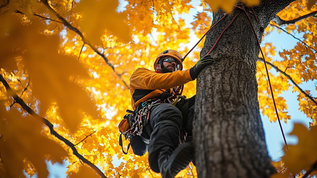 Professional arborist in safety gear climbs a maple tree with yellow autumn leaves, preparing to prune or cut it down.